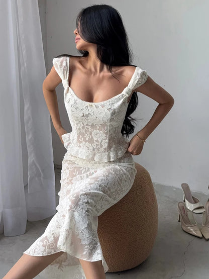 JULISSA MO Sexy Low Chest Jacquard Sheer Lace Women Skirt Suit Spaghetti Strap Top Long Skirt Summer Slim Casual Two Piece Sets