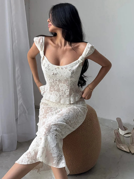 JULISSA MO Sexy Low Chest Jacquard Sheer Lace Women Skirt Suit Spaghetti Strap Top Long Skirt Summer Slim Casual Two Piece Sets