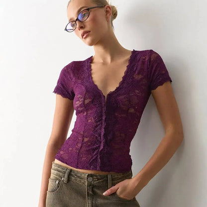 JULISSA MO Sexy Deep V-neck Sheer Lace Women T-shirt Black Short Sleeve Floral T-shirt Summer Skinny Casual Vacation Streetwear