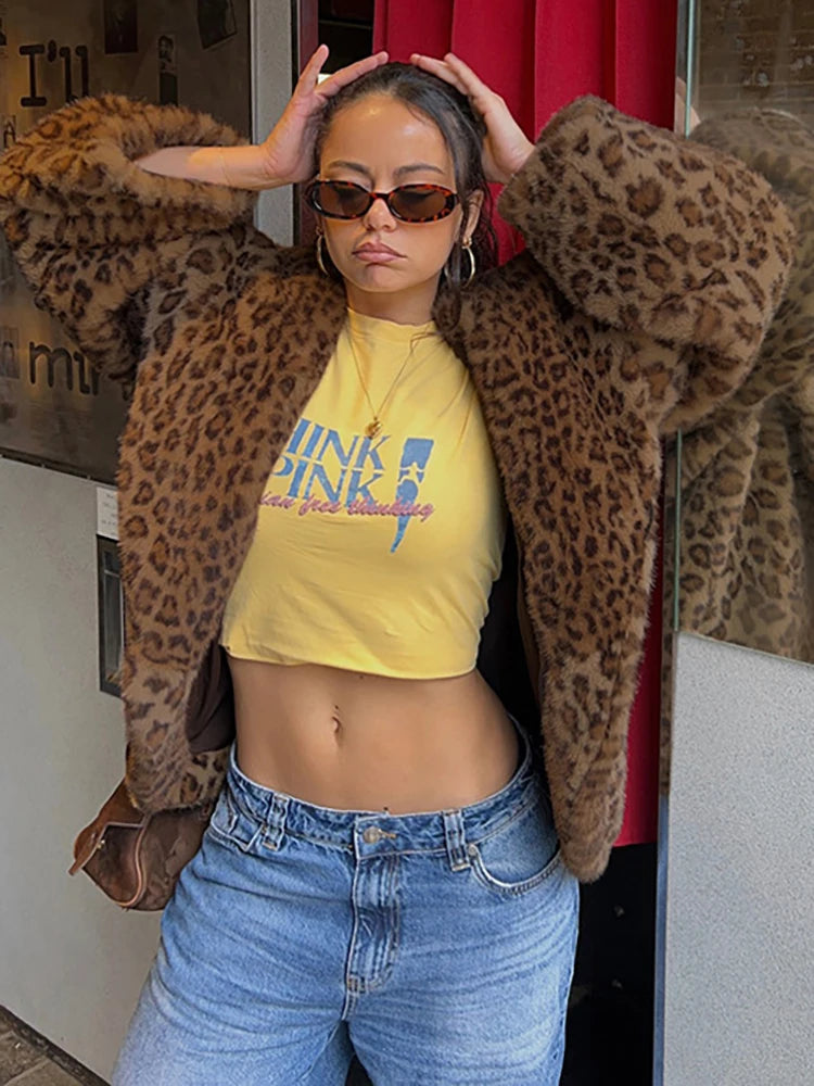 JULISSA MO Winter Warm Thickened Printed Leopard Turn-down Collar Women Coat Long Sleeve Party Club Loose Elegant Women Clothing