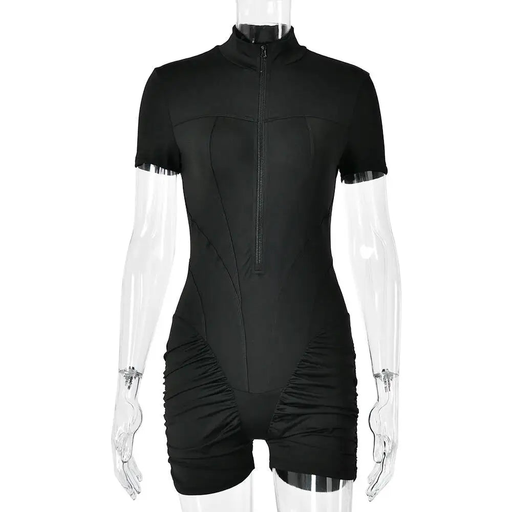JULISSA MO Turtleneck Yoga Short Sleeve Zipper Women Playsuit High Waist Ruched Bodysuit Summer Slim Casual Sporty Playsuit New