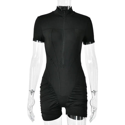 JULISSA MO Turtleneck Yoga Short Sleeve Zipper Women Playsuit High Waist Ruched Bodysuit Summer Slim Casual Sporty Playsuit New