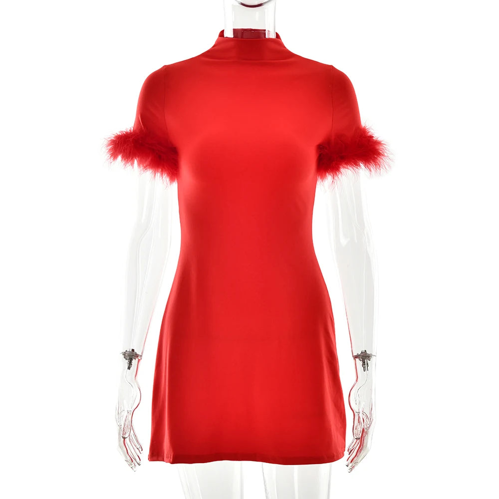 JULISSA MO Turtleneck Patchwork Feather Sleeve Women Mini Dress Short Sleeve A-line Dress Spring Skinny Elegant Party Club Dress