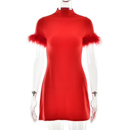 JULISSA MO Turtleneck Patchwork Feather Sleeve Women Mini Dress Short Sleeve A-line Dress Spring Skinny Elegant Party Club Dress