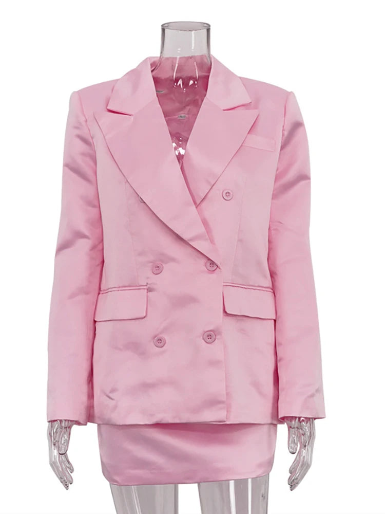JULISSA MO Satin Turn-down Collar Button Women Blazer Sets Pink Long Sleeve Blazer Mini Skirt Summer Slim Casual Two Piece Sets
