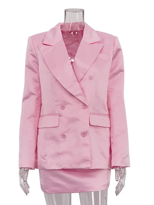 JULISSA MO Satin Turn-down Collar Button Women Blazer Sets Pink Long Sleeve Blazer Mini Skirt Summer Slim Casual Two Piece Sets