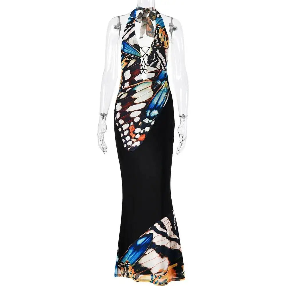 JULISSA MO Sexy Deep V-neck Print Halter Women Maxi Dress Black Backless High Waist Dress Summer New Elegant Party Evening Dress