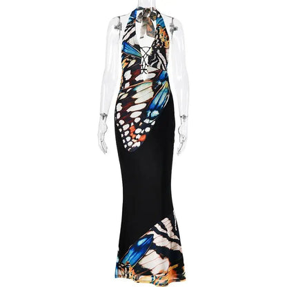 JULISSA MO Sexy Deep V-neck Print Halter Women Maxi Dress Black Backless High Waist Dress Summer New Elegant Party Evening Dress