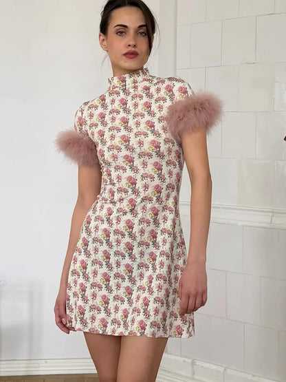 JULISSA MO Turtleneck Patchwork Feather Sleeve Women Mini Dress Short Sleeve A-line Dress Spring Skinny Elegant Party Club Dress