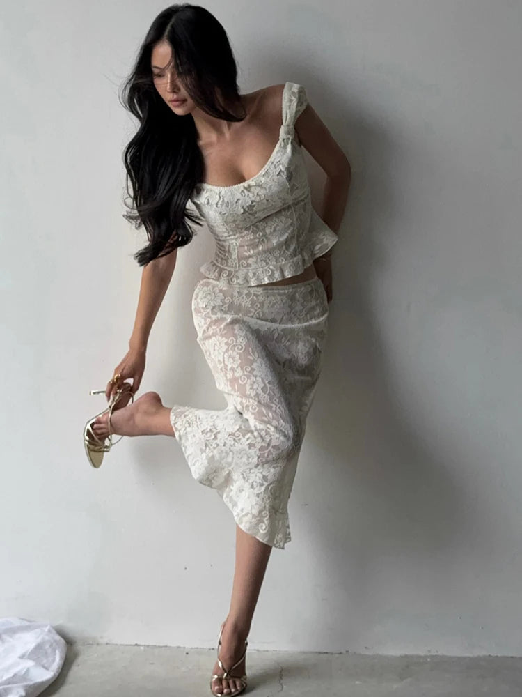 JULISSA MO Sexy Low Chest Jacquard Sheer Lace Women Skirt Suit Spaghetti Strap Top Long Skirt Summer Slim Casual Two Piece Sets
