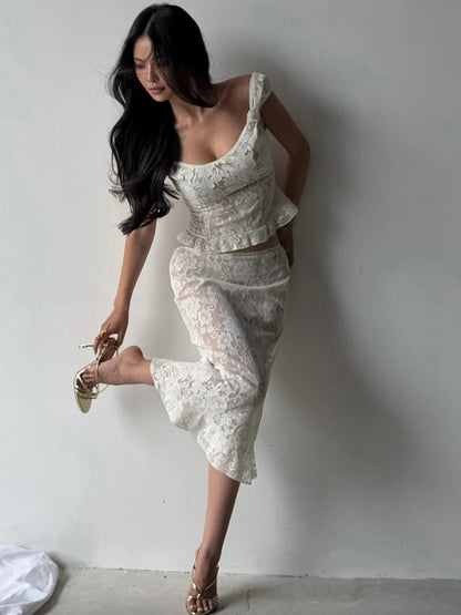 JULISSA MO Sexy Low Chest Jacquard Sheer Lace Women Skirt Suit Spaghetti Strap Top Long Skirt Summer Slim Casual Two Piece Sets