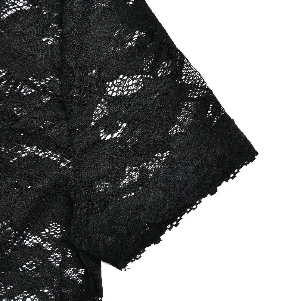 JULISSA MO Sexy Deep V-neck Sheer Lace Women T-shirt Black Short Sleeve Floral T-shirt Summer Skinny Casual Vacation Streetwear
