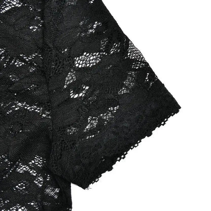 JULISSA MO Sexy Deep V-neck Sheer Lace Women T-shirt Black Short Sleeve Floral T-shirt Summer Skinny Casual Vacation Streetwear
