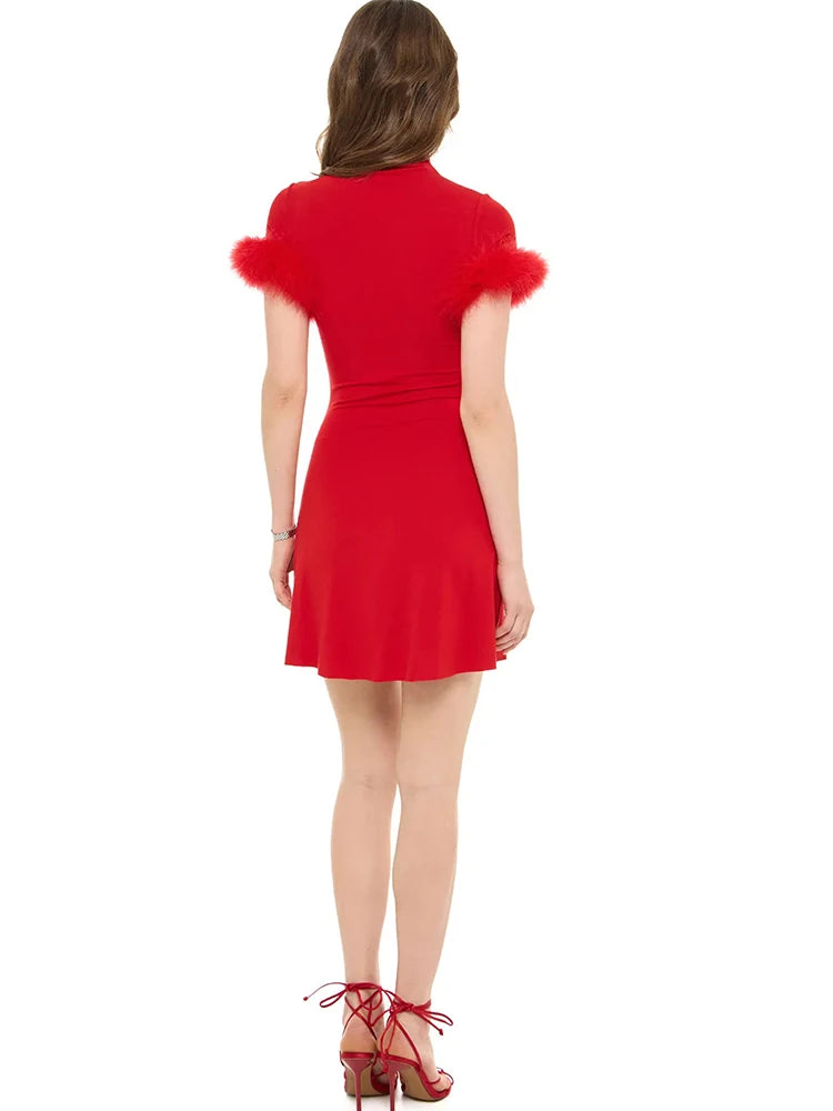 JULISSA MO Turtleneck Patchwork Feather Sleeve Women Mini Dress Short Sleeve A-line Dress Spring Skinny Elegant Party Club Dress