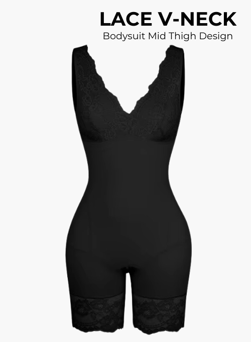 Lace V-Neck Snatched Bodysuit Mid thigh Design